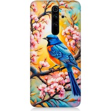 Xiaomi Redmi Note 8 Pro Uyumlu Pembe Dallarda Mavi Kuş  Desenli Silikon Kılıf