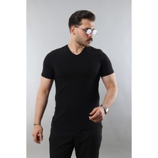 Erkek %100 Pamuk Slim Fit Dar Kesim V Yaka Basic Tişört