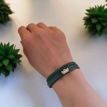 Archin P  Harfine Özel Taç Figürlü 14  Ayar Altın Plakalı Koyu Yeşil Derili Hediye Bileklik-494 Harf