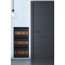 3'lü Antrasit Metal Ayakkabılık Ahşap Detaylı ( Kilitli )