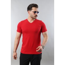 Erkek %100 Pamuk Slim Fit Dar Kesim V Yaka Basic Tişört