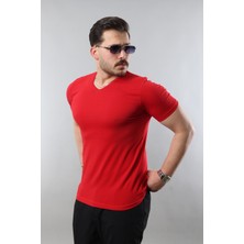 Erkek %100 Pamuk Slim Fit Dar Kesim V Yaka Basic Tişört
