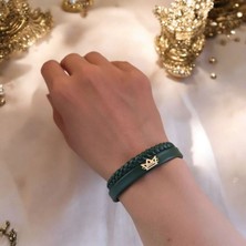 Archin Tuba İsmine Özel 14  Ayar Altın Plakalı Koyu Yeşil Derili Taç Figürlü Hediye Bileklik-494 İsim