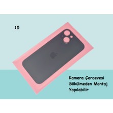 Tkgz - iPhone 15 Arka Pil Batarya Kapağı - Cam Kapak Geniş Lens Deliği - Siyah
