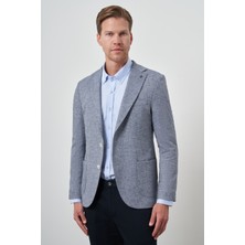  Erkek Lacivert Keten Dokuma Slim Fit Mono Yaka Ceket