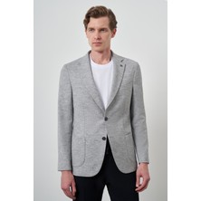  Erkek Gri Keten Dokuma Desenli Slim Fit Mono Yaka Ceket