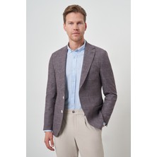  Erkek Kahve Keten Ekoseli Slim Fit Mono Yaka Ceket