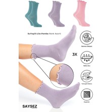 Bambu Kadın Lastiksiz Pembe-Lila-Yeşil Fırfırlı Soket Dikişsiz Çorap 3'lü Paket / Iz Bırakmaz