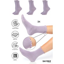 Bambu Kadın Lastiksiz Lila Fırfırlı Soket Dikişsiz Çorap 3'lü Paket / Iz Bırakmaz / Sıkmayan Çorap