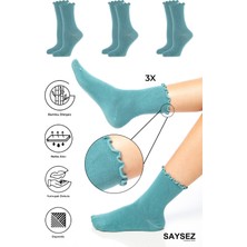 Bambu Kadın Lastiksiz Yeşil Fırfırlı Soket Dikişsiz Çorap 3'lü Paket / Iz Bırakmaz / Sıkmayan Çorap