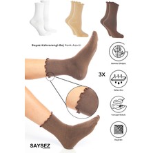 Bambu Kadın Lastiksiz Kahve-Beyaz-Bej Fırfırlı Soket Dikişsiz Çorap 3'lü Paket / Iz Bırakmaz Sıkmaz
