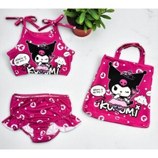 Kız Çocuk Karakter Baskılı Eteği Fırfırlı- Ip Bağlamalı Çanta Mayo Bikini 3 Lü Takım