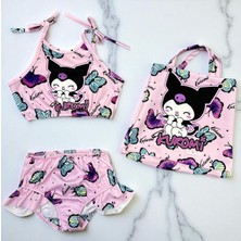 Kız Çocuk Karakter Baskılı Eteği Fırfırlı- Ip Bağlamalı Çanta Mayo Bikini 3 Lü Takım