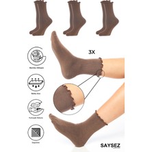 Bambu Kadın Lastiksiz Kahve Fırfırlı Soket Dikişsiz Çorap 3'lü Paket / Iz Bırakmaz / Sıkmayan Çorap