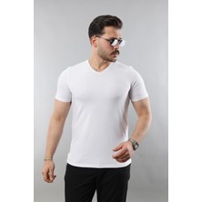 Erkek %100 Pamuk Slim Fit Dar Kesim V Yaka Basic Tişört