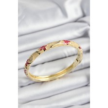 Mineli Pirinç Pembe ve Krem Çiçek Motifli Gold Renk Kadın Kelepçe - EBJ250705W36435