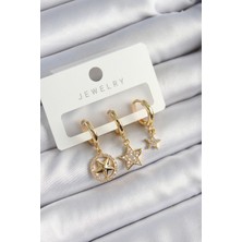 Pirinç Zirkon Taşlı Yıldız Model Gold Renk 3'lü Çift Kadın Küpe Set - EBJ250705W36218