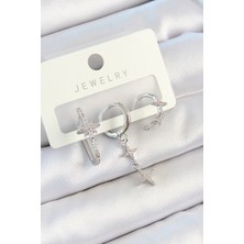 Pirinç Zirkon Taşlı Kelebek ve Sallantılı Yıldız Model Gümüş Renk 3'lü Çift Kadın Küpe Set - EBJ250705W36194