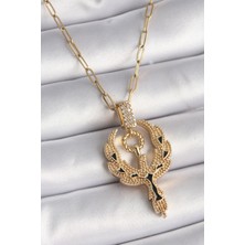 Anka Kuşu Tasarımlı Gold Renk Zirkon Taşlı Kadın Kolye - BKO9528-ST