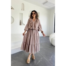 Eswomes Dantel ve Düğme Detaylı Uzun Keten Elbise Vizon