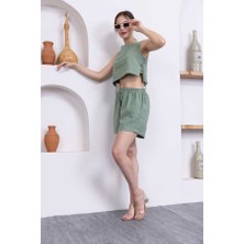 Kadın Haki Yeşil Şort Pantolon Bluz 3lü Takım  MSC244