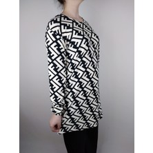 Kadın Siyah Beyaz Bisiklet Yaka Uzun Kollu Lastikli Bilek Süet Yumuşak Kumaş Tunik