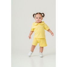 Kız Çocuk Pamuklu Sarı "be Happy" Yazılı Fırfırlı Yaka T-Shirt ve Şort Takım