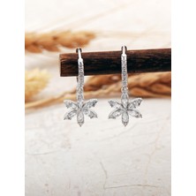 Taşlı Lotus Çiçeği Rodyumlu Gümüş Halka Küpe 7395