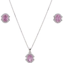 5-8 mm Pembe Oval Zirkon Taşlı 925 Ayar Gümüş Kadın 2'li Set