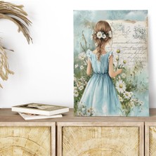 Papatyalar Içerisinde Kız Temalı No:2 Retro Vintage 18X27 Mdf Ahşap Poster Tablo