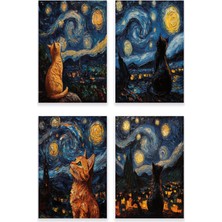 Starry Night Kediler Van Gogh Temalı 4'lü Set No:2 Retro Vintage 18X27 Mdf Ahşap Poster Tablo