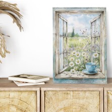 Ahşap Pencere Manzaralı Kır Çiçekleri ve Papatya Retro Vintage 18X27 Mdf Ahşap Poster Tablo