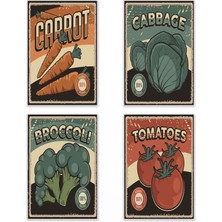 Retro Sebzeler Temalı 4'lü Set Ev Mutfak Dekorasyon Wall Art 18X27 Mdf Ahşap Poster Tablo