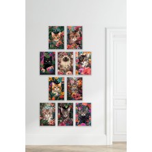 Sevimli Kediler 10'lu Retro Vintage 18X27 Mdf Ahşap Poster Tablo