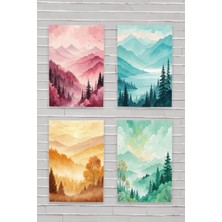 Suluboya Görünümlü Doğa Manzara Temalı Dörtlü Set No:2 Retro Vintage 18X27 Mdf Ahşap Poster Tablo