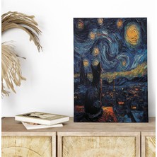 Starry Night Kediler Van Gogh Temalı No:14 Retro Vintage 18X27 Mdf Ahşap Poster Tablo
