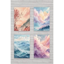 Suluboya Görünümlü Doğa Manzara Temalı Dörtlü Set No:3 Retro Vintage 18X27 Mdf Ahşap Poster Tablo