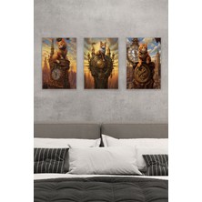 Steampunk Retro Sevimli Kediler Üçlü No:5 18X27 Mdf Ahşap Poster Tablo