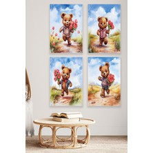 Sevimli Ayıcık Temalı 4'lü Set Retro Vintage 18X27 Mdf Ahşap Poster Tablo