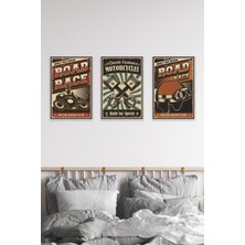 Road Race Retro Motorsiklet Temalı 3'lü Set Ev Dekorasyon Wall Art 18X27 Mdf Ahşap Poster Tablo