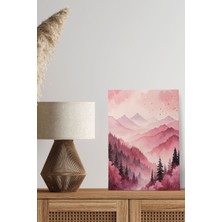 Pembe Orman ve Dağ Manzaralı Retro Vintage 18X27 Mdf Ahşap Poster Tablo