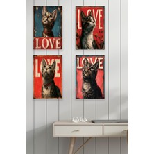 Sevimli Kediler Love 4'lü Set Retro Vintage 18X27 Mdf Ahşap Poster Tablo
