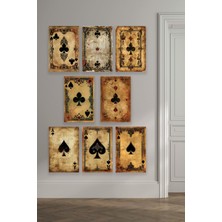 Iskambil Kağıdı Temalı 8'li Set Retro Vintage 18X27 Mdf Ahşap Poster Tablo