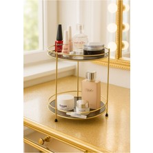 Iki Katlı Metal ve Pleksi Camlı Kozmetik Organizeri, Şık Gold Tasarım