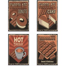 Retro Çikolata Temalı 4'lü Set Ev Mutfak Dekorasyon Wall Art 18X27 Mdf Ahşap Poster Tablo