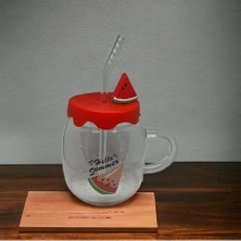 Karpuz Tasarımlı Cam Kupa Bardak 450ML Silikon Kapaklı, Cam Pipetli, Karpuz Figürlü Barda Su Bardağı