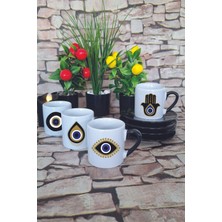 Nazar Boncuğu Desenli Baskılı Siyah 4'lü Porselen Türk Kahvesi Fincan Takımı