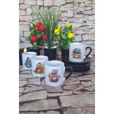 Sevimli Baykuşlar Baskılı Siyah 4'lü Porselen Türk Kahvesi Fincan Takımı