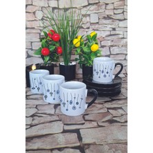 Nazar Boncuğu Desenli Baskılı Siyah 4'lü Porselen Türk Kahvesi Fincan Takımı