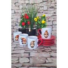 Sevimli Cüceler Baskılı Kırmızı 4'lü Porselen Türk Kahvesi Fincan Takımı